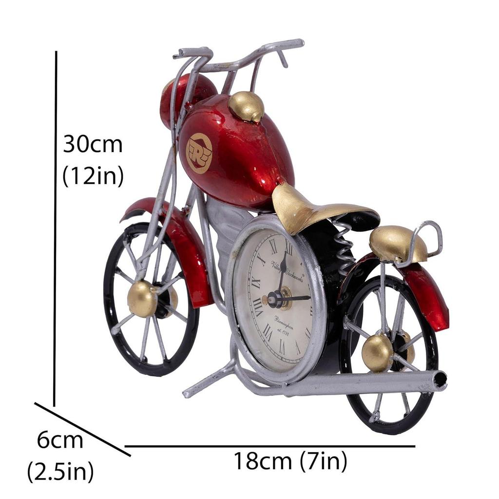 Vintage Royal Bullet Motor Bike with Antique Clock | Rustic Iron Metal Decor Showpiece for Study Table, Desk, Office, Gifts (Red)