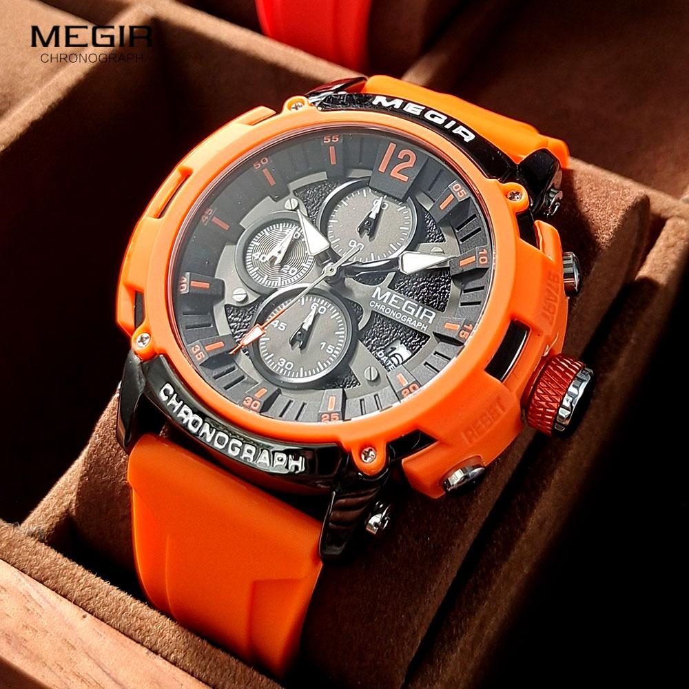 Red Watch Men Military Sport Silicone Strap Chronograph Quartz Wristwatch with Luminous Hands Date 3atm Waterproof Orange