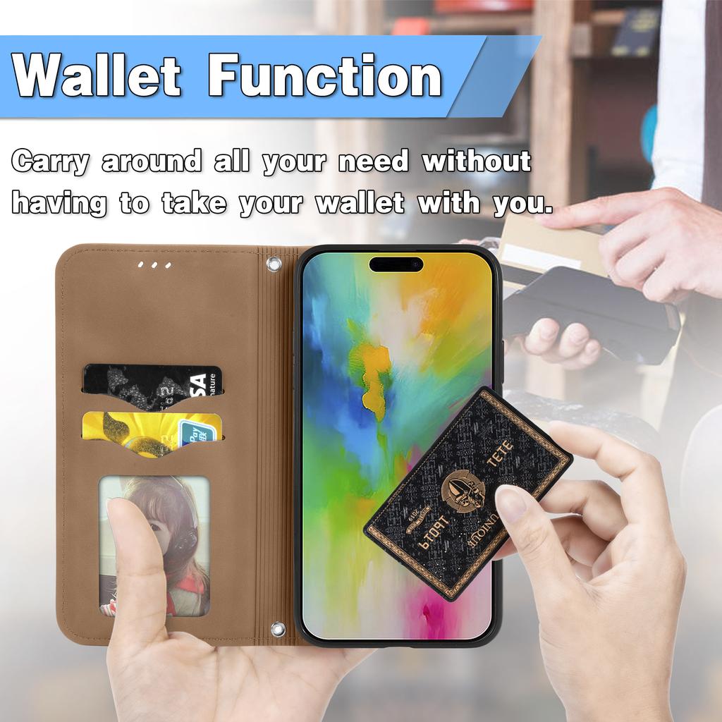 For iPhone 16 Leather Case with Card Holder Magnetic Absorption Phone Cover - Brown