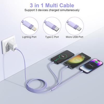 3-в-1 Мульти USB-кабель для зарядки, 6 футов/1,8 м [Сертифицирован MFi], Быстрый зарядный адаптер-шнур с портами Type-C/Lightning/Micro USB, Совместимый с мобильными телефонами