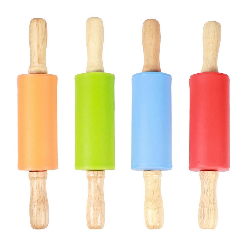 4PCS Mini Rolling Pin Wooden Handle Non‑Stick Silicone Rolling Pins for Home Kitchen Children Baking Tool