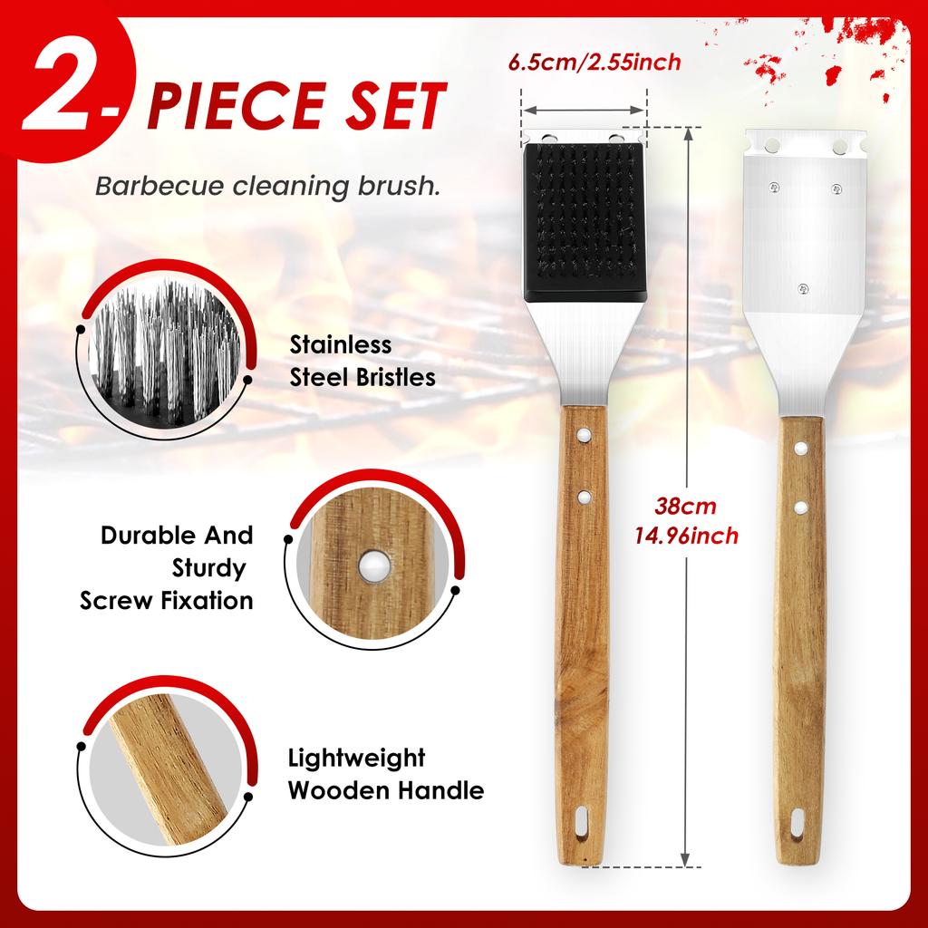 2 шт. Щетка для барбекю 15 дюймов Набор щеток для барбекю Эффективная уличная щетка для чистки гриля с деревянной ручкой и скребком для чистки гриля