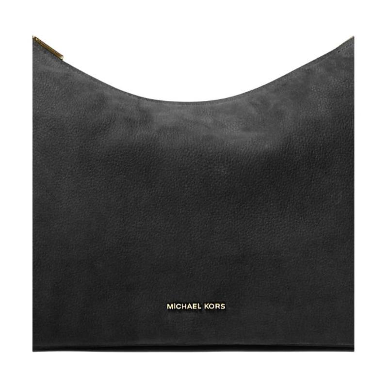 MICHAEL KORS Nolita Gold Metal Logo Sign Nubuck Leather Shoulder Bag Medium Women's Black