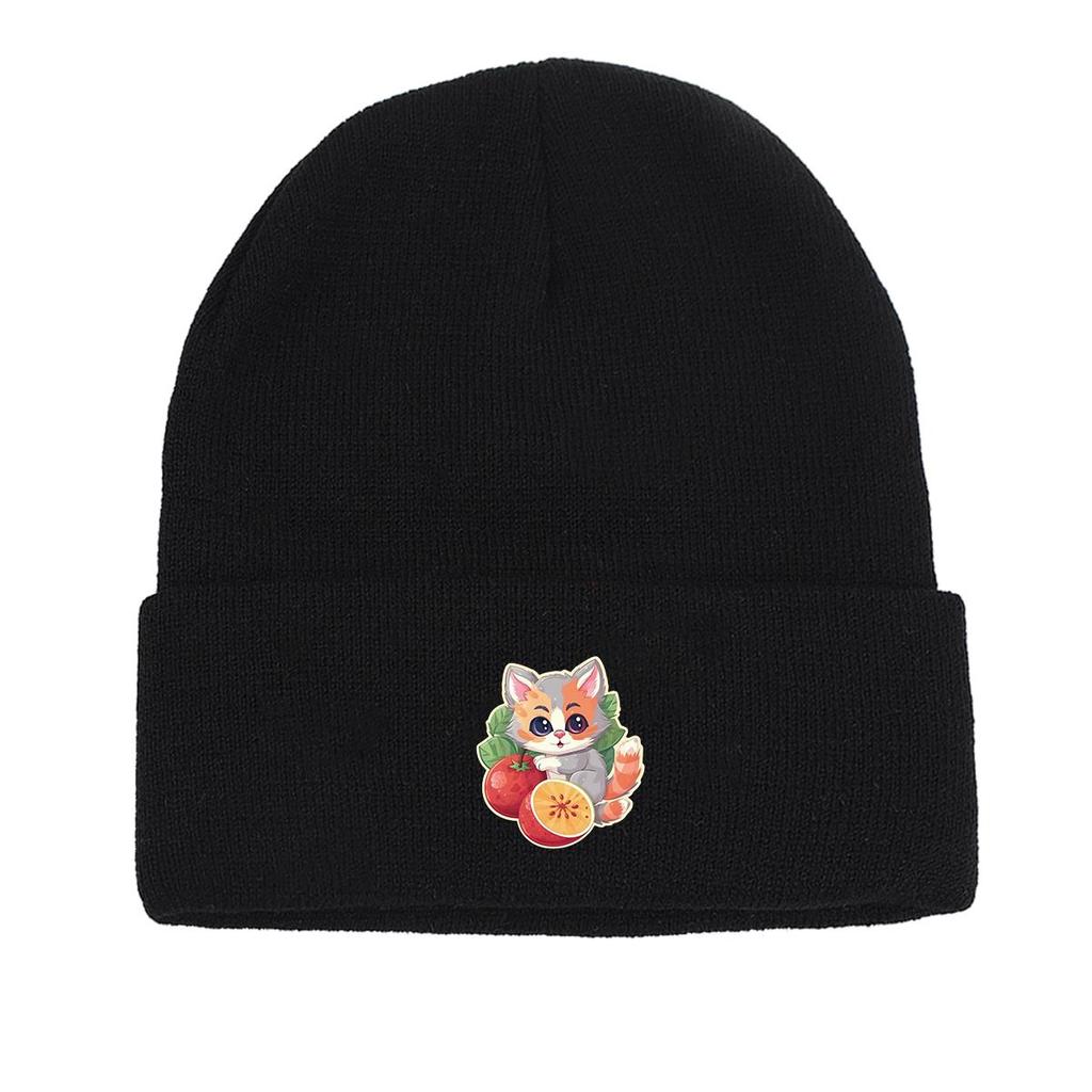 Cat Fruit Print Knitted Hat Beanie, Man Cap Elastic Candy Color Trendy Pompom Beanies Knit Cap Beanie