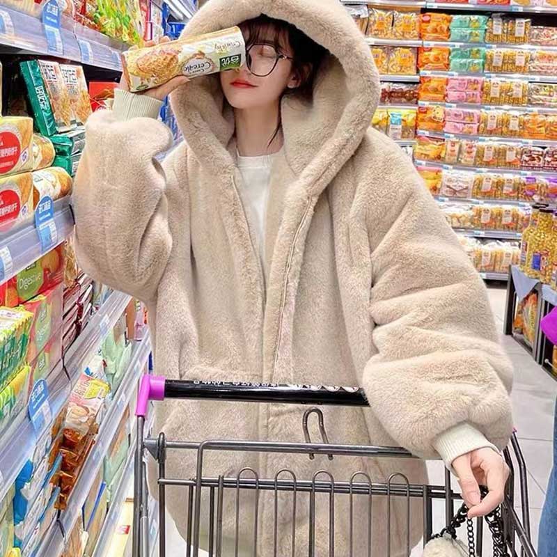 Korean Imitation Rex Rabbit Fur Coats Female Winter Warm Long Thickened Hooded Lamb Wool Cashmere Coat