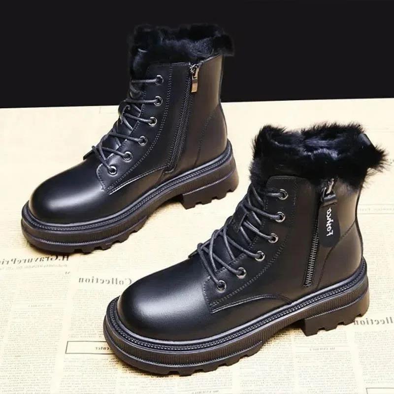 Зимние ботинки плюшевые теплые средние ботинки женские черно-белые зимние утолщенные теплые зимние туфли на плоской подошве Zapatos Mujer