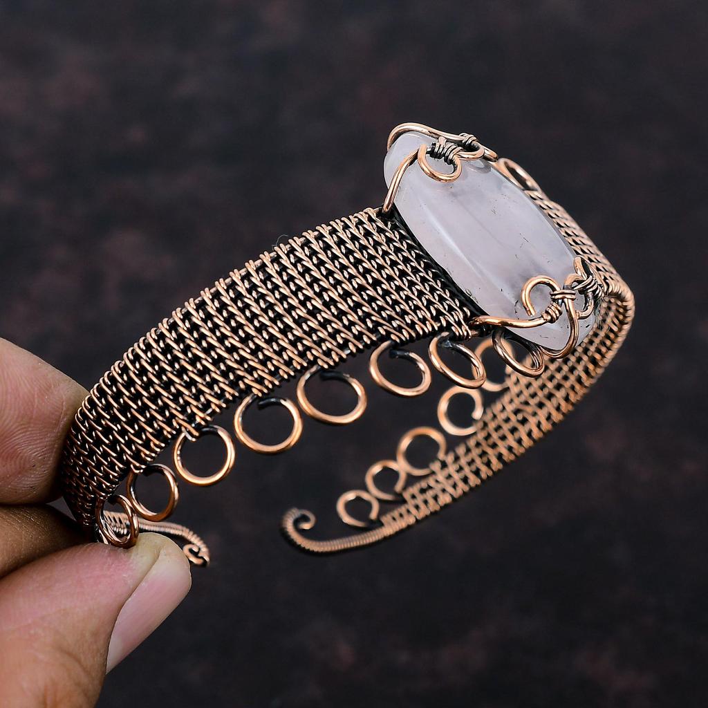 Браслет из розового кварца, медная проволока, браслет-манжета, регулируемый браслет с драгоценными камнями, ручная работа, медные украшения, подарок для него, проволочная обмотка, ювелирные изделия