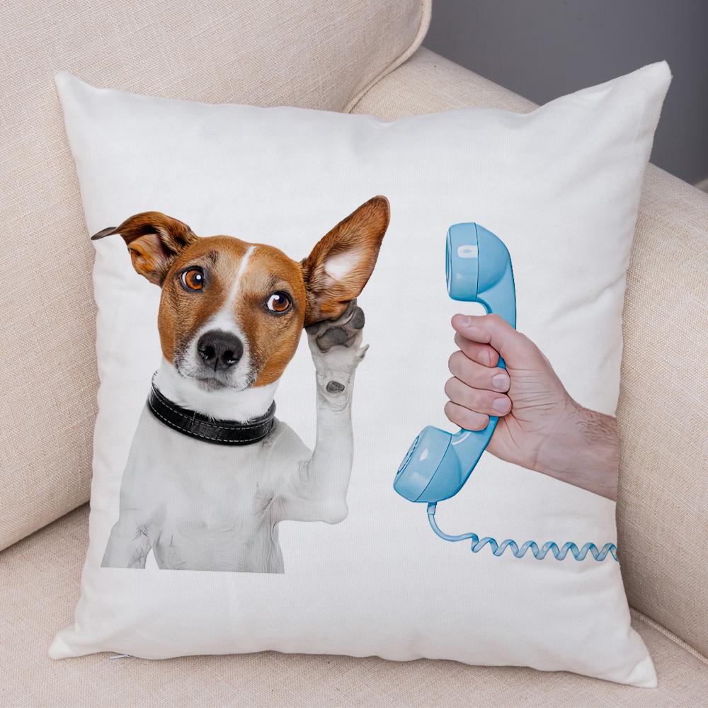 Funny Jack Russell Terrier Cushion Cover Cartoon Dog Wearing Hat Sunglasses Print Soft Living Room Sofa Home Decor Pillow Case