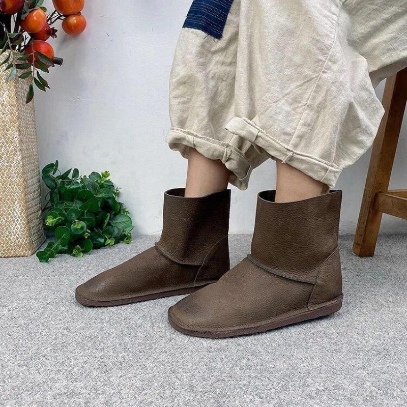 Винтажные короткие сапоги ручной работы из натуральной кожи, однотонные универсальные женские ботинки из мягкой воловьей кожи на плоской подошве