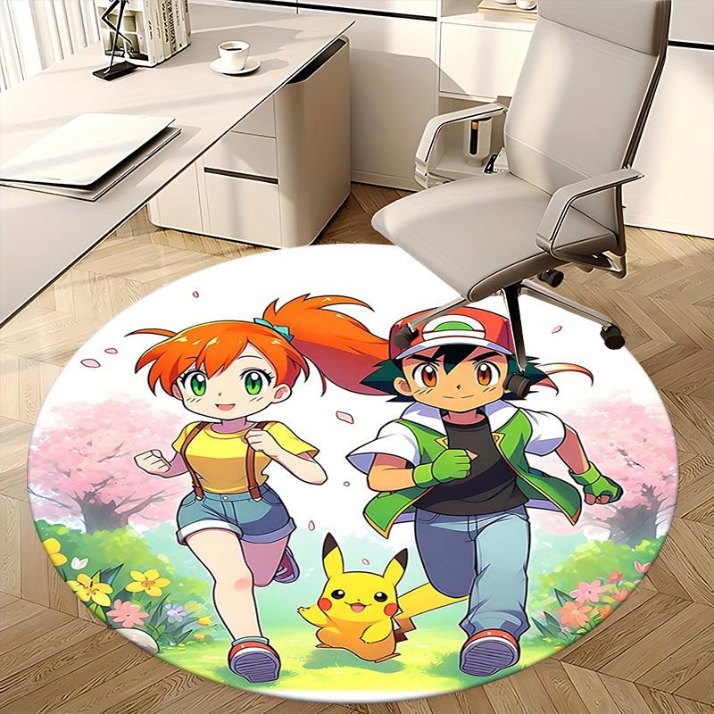 1 шт. Круглый ковер Pokémon Пикачу и друзья - Аниме-дизайн, Коврик под офисное кресло, Нескользящий ковер, Сезонный подарок, Подходит для домашнего декора, Гостиной
