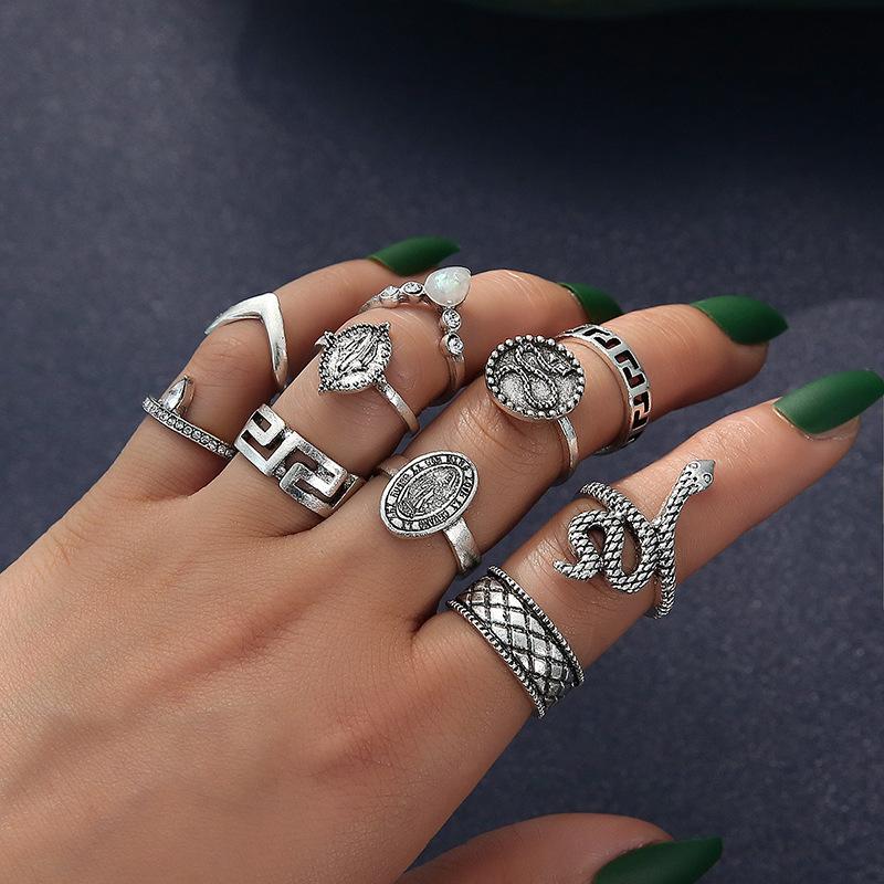Retro Fashion Personality Exaggerated Engraving Buddha Statue Diamond Snake 10-Piece Ring