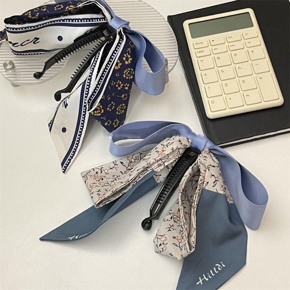 Korean Style Bow Banana Clip Silk Scarf Vertical Clip Elegant Bowknot Hair Clip  Ponytail Holder