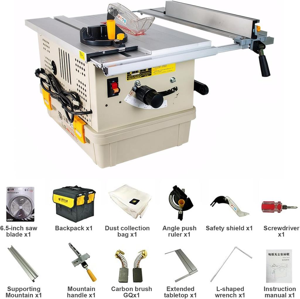 Dust-Free Woodworking Table Saw, 45°/90° Angle Adjustment, Anti-Dust & Low Noise for Flooring/Furniture/DIY