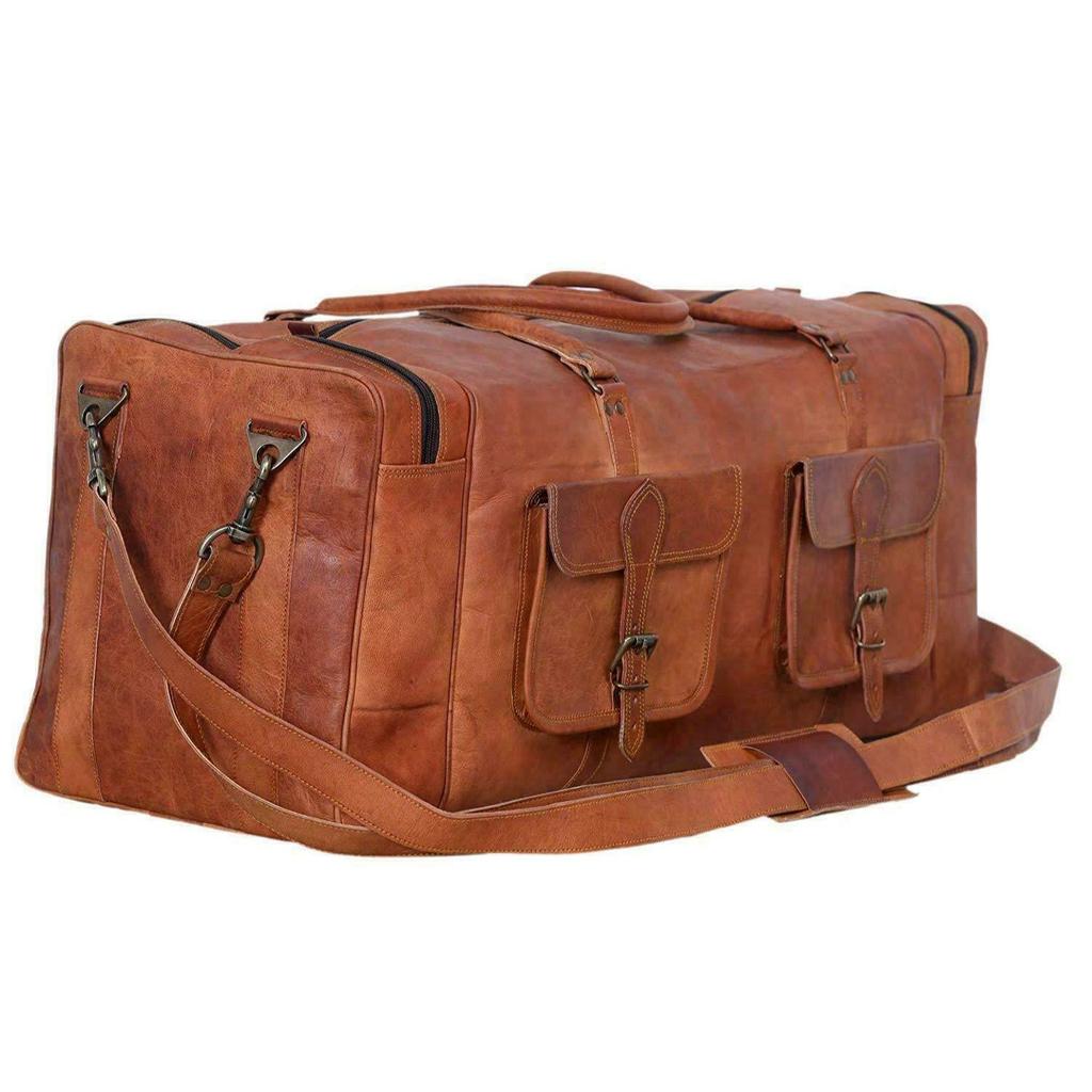 Men's Vintage Genuine Travel Luggage Duffel Gym Bags Brown Goat Leather