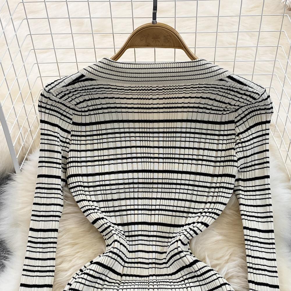 Осеннее модное полосатое вязаное платье-свитер с отложным воротником, женское повседневное однобортное трикотажное платье-карандаш длиной до колена