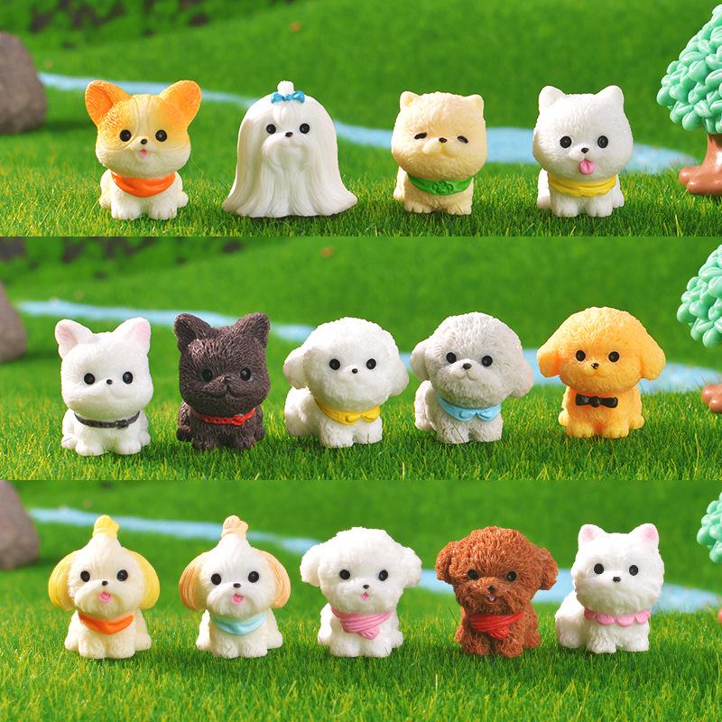 3 Pcs Cute Cartoon Bib Puppy Mini Resin Figurines Garden Moss Miniature Landscape DIY Ornament Car Desktop Dog Animal Decorations