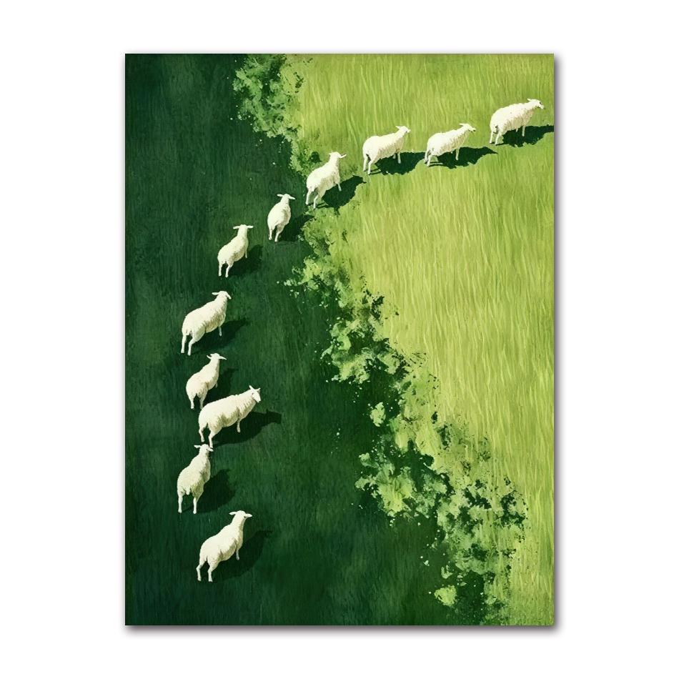 Modern Minimalist Pastoral Frameless Canvas Poster, Green Background with Sheep Herd, Wall Mural for Home Decor