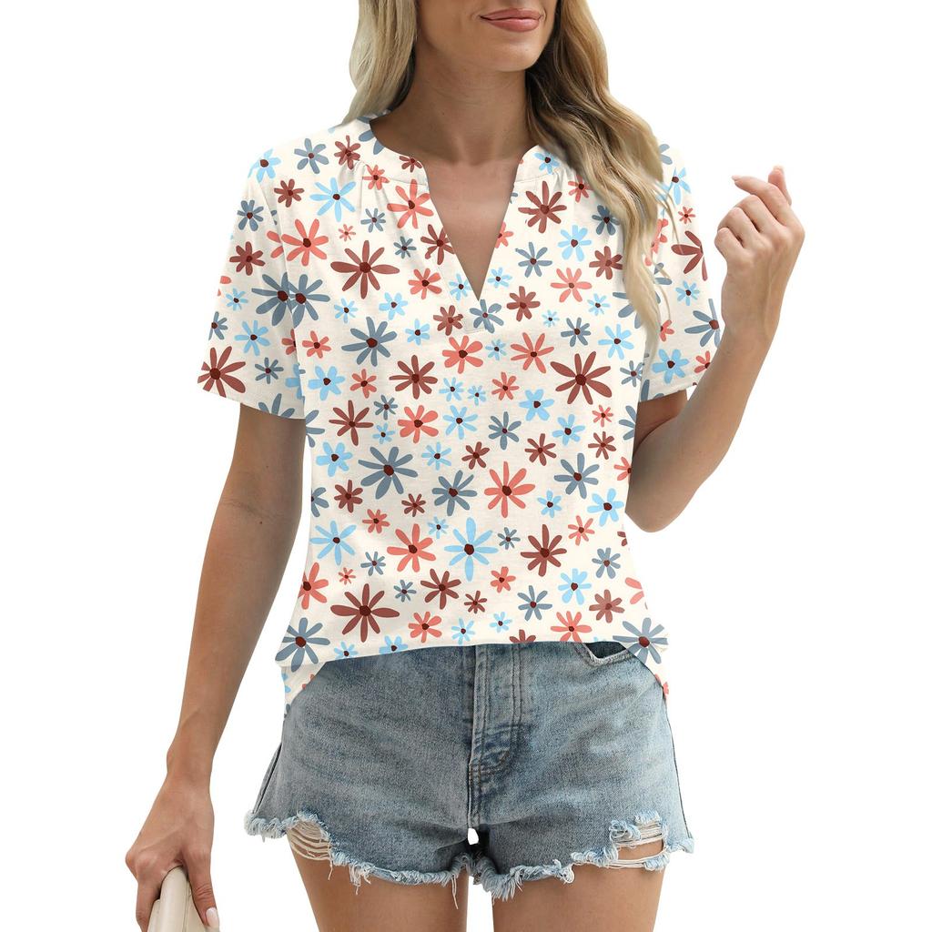 Womens Summer Tops Short Sleeve V Neck Shirts Loose Casual T-Shirts