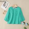 Women Casual Round Neck 3/4 Sleeve Loose Polka Dot Print Blouse