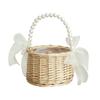 Wicker Rattan Basket Handmade Wedding Flower Basket with Faux Pearl Handle Flower Girls Basket for Home Decor Bridal Shower Picnic