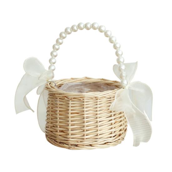 Wicker Rattan Basket Handmade Wedding Flower Basket with Faux Pearl Handle Flower Girls Basket for Home Decor Bridal Shower Picnic