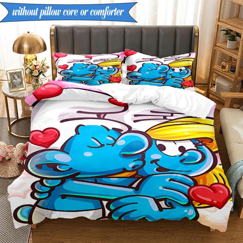 3PCS Blue Smur-f Characters Bedding Set,Including 1pc Duvet Cover And 2pcs Pillowcases Perfect for Bedroom, Dormitory, Fan Christmas gift