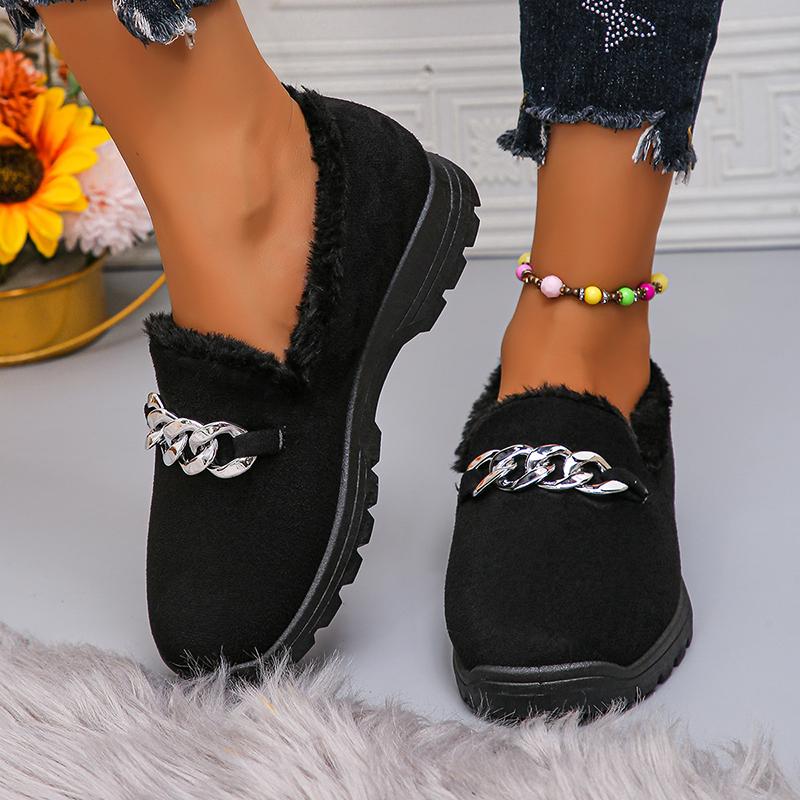 Модные трендовые толстые плюшевые ботинки на низкой платформе с цепочкой, женские зимние износостойкие теплые ботильоны, женские однотонные мягкие нескользящие мокасины