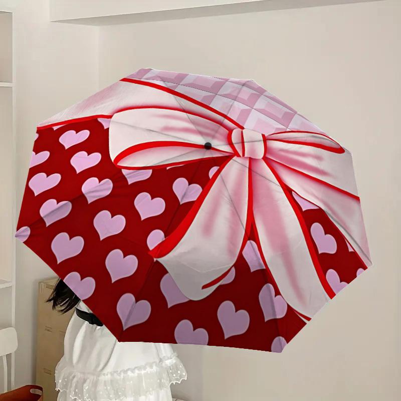 1pc Heart Print Bow Automatic Folding Umbrella, 8 Ribs Iron Frame, Suitable for Outdoor Travel and Daily Use yy251120215