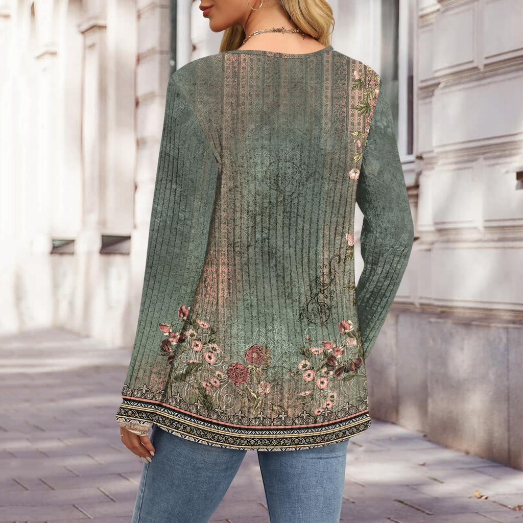 Женская модная футболка с V-образным вырезом на пуговицах и цветочным принтом, топ с длинными рукавами