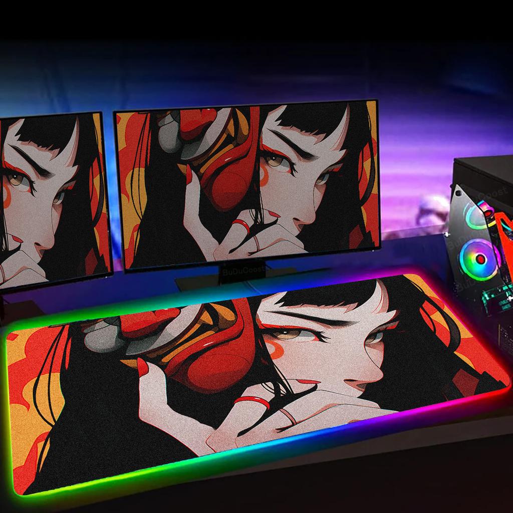 RGB Mousepad Devil Mask Samurai Rubber Desk Mat Kawaii Anime Girl Office HD Print Keyboard Pad Gamer Lock Edge Luminescence Rugs