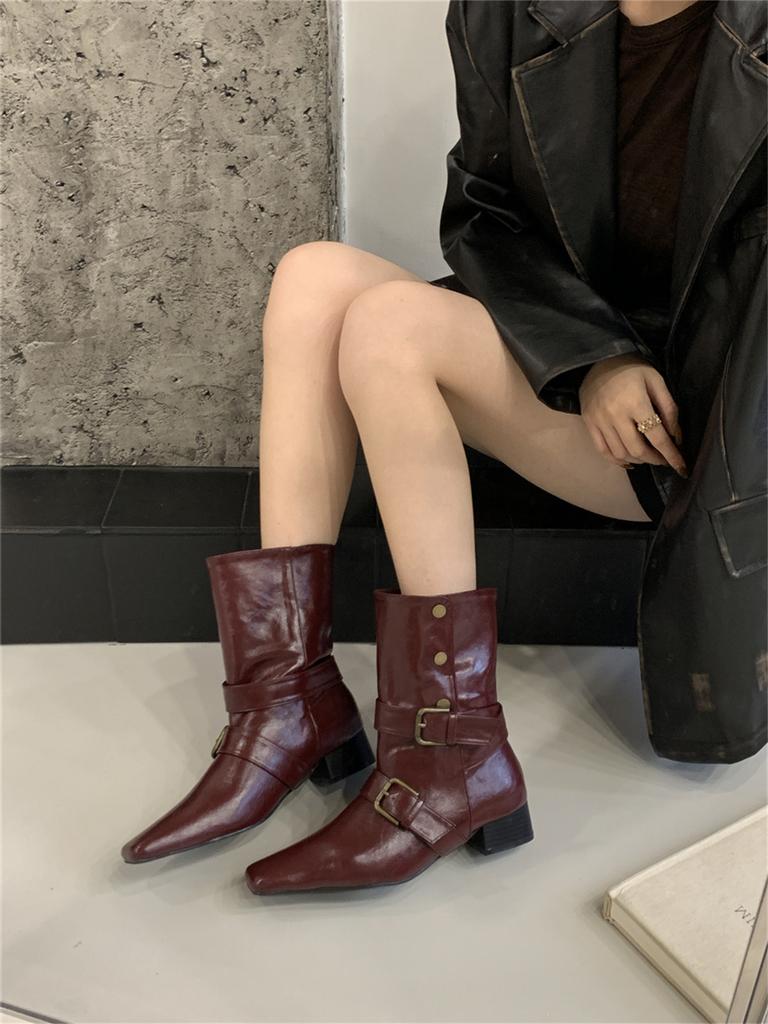 Ретро ботильоны на толстом каблуке с квадратным носком в стиле вестерн ковбойские женские на среднем каблуке 2025 осень новые с пряжкой женские ботинки