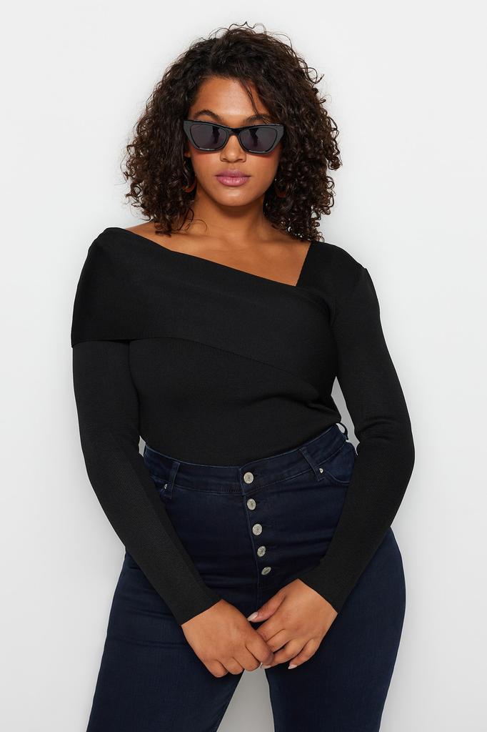 Women's Style Plus Size Black Asymmetric Collar Knitwear Sweater