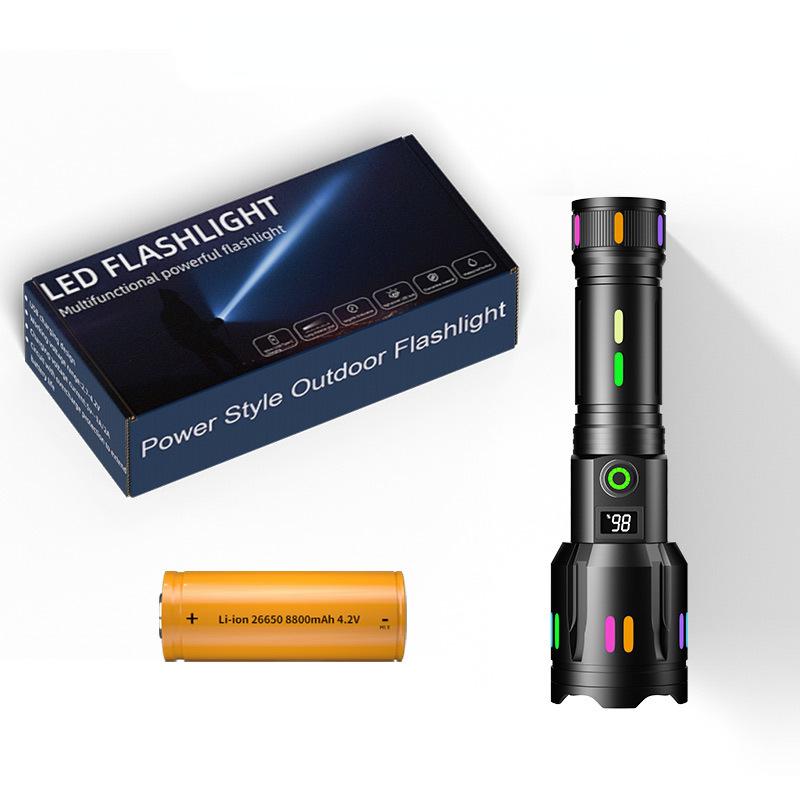 New White Laser Long Range Flashlight Type-C Charging Digital Display Fluorescent Bar Tail Hammer Zoom Flashlight Telescopic Flashlight