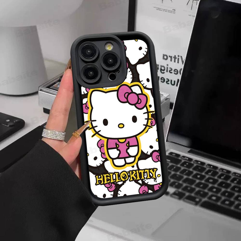 H-Hello Kitty Silicone Soft Phone Case For IPhone 17 16 15 14 Plus 13 12 Mini 11 Black Cover