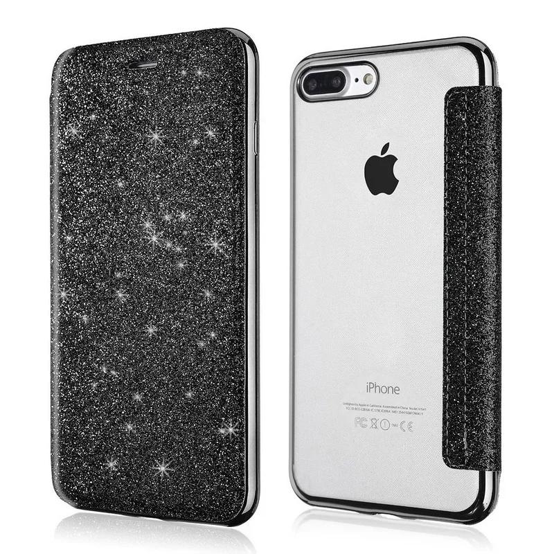 Роскошный блестящий кожаный чехол-книжка для iPhone 16 Pro Max 15 Plus 14 13 12 11 XS XR X SE 2026 Прозрачная блестящая задняя крышка из ТПУ
