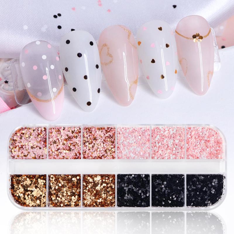 12 Grids Star Heart Round Shape Nail Art Glitter Sequins Holographic Nail Flakes Sequin Mixed Iridescent Powder Nail Decoration
