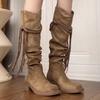 Cowhide Version~ Retro Wasteland Fringed Knight Boots Thick Heel But Knee Long Boots Slim Pile Medium Boots Women