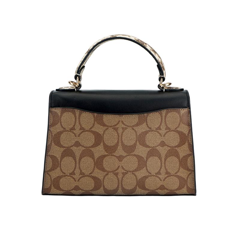 COACH handbag Pepper 22 Classic Presbyopia Flap Coated Canvas with Leather Hand-held Shoulder Crossbody Bag Small Women's Brown and Black