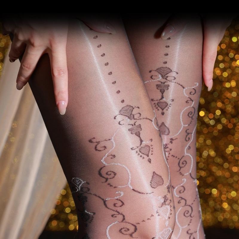 Unisex Jacquard Oil Shiny Stocking Women Men Sexy Ultra-thin Transparent Pantyhose Men Sissy Elastic Pouch Sheath Lingerie Tight