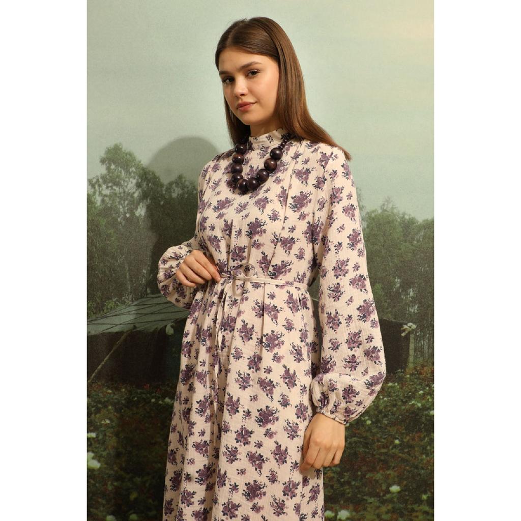 Floral Patterned Muslin Dress Black