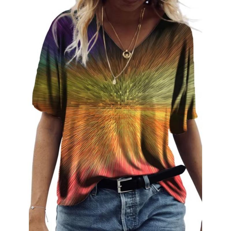 Летняя художественная роспись Tie Dye 3D принт женская мода красочная футболка с коротким рукавом V-образный вырез футболки уличная одежда сексуальные женские футболки топы