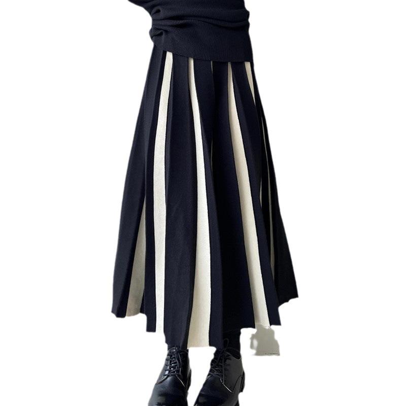 Осенне-зимняя плиссированная шерстяная юбка А-силуэта с высокой талией — юбка-зонтик миди в стиле ретро с цветными блоками для женщин.