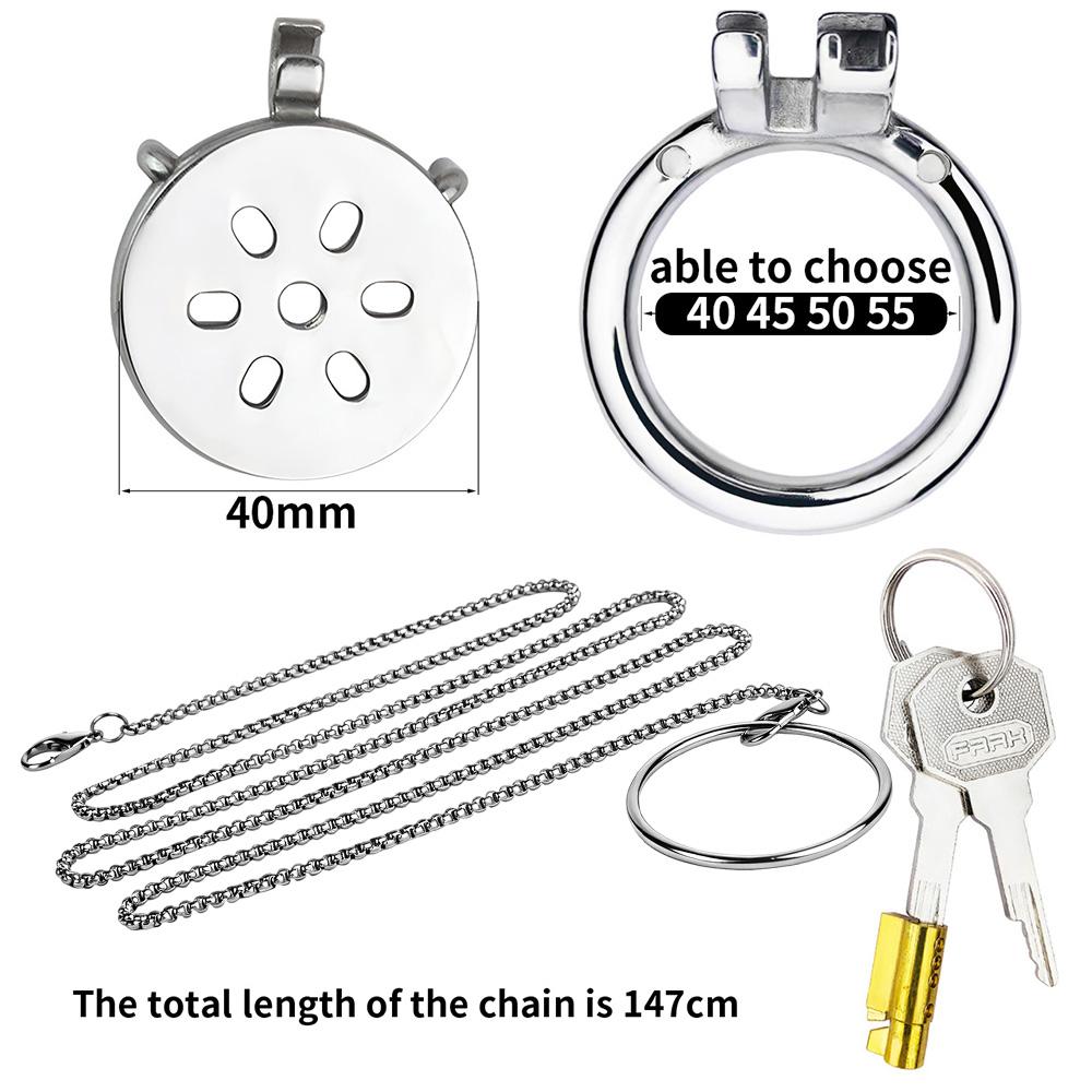 LEZEE Metal Flat Chastity Cage With Long Pull Chain Cock Ring BDSM Male Penis Cages Device Leash Chain BDSM Urethra Penis Rings