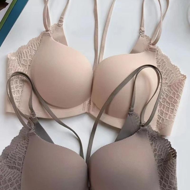 Бежевый бюстгальтер с передней застежкой, кружевной спинкой и двойными бретелями