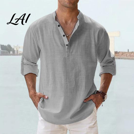 Comfortable Pullover Alternative Men Casual Shirt Tops Stand Collar Quarter Buttons Solid Color Breathable Tops for Summer Vacation Daily Wear