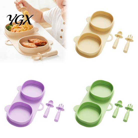 Toddler Silicone Divided Plates Baby Foldable Dinner with Fork And Spoon, Portable Kids Dinnerware Travel Feeding Essentials, Suction Set Dish for