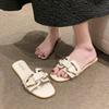 Slippers Women's Outer Wear 2024 Summer New Versatile Soft Leather Flat Bottom Sweet One-pedal Square Buckle Beach Women's Shoes Tide