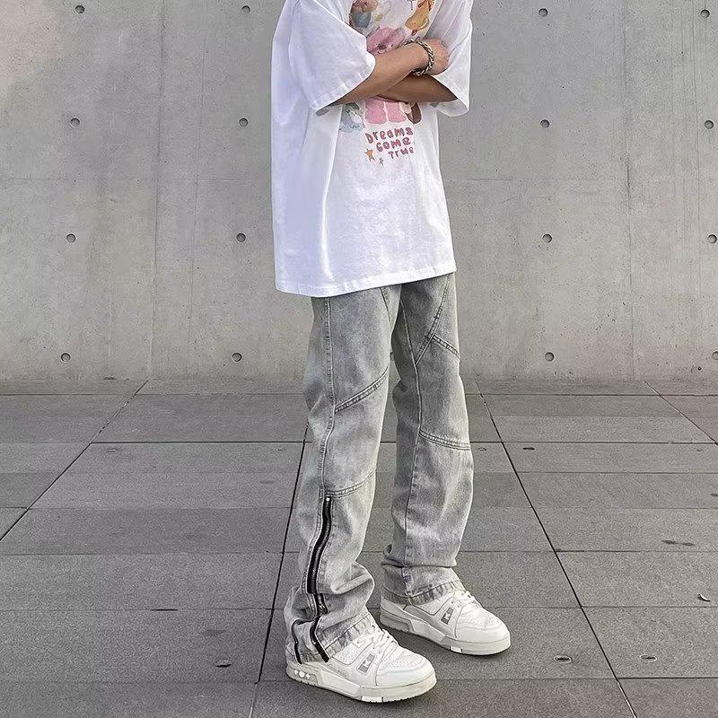 2023 Мужские расклешенные джинсы с потертостями и молнией: Американский стиль High Street