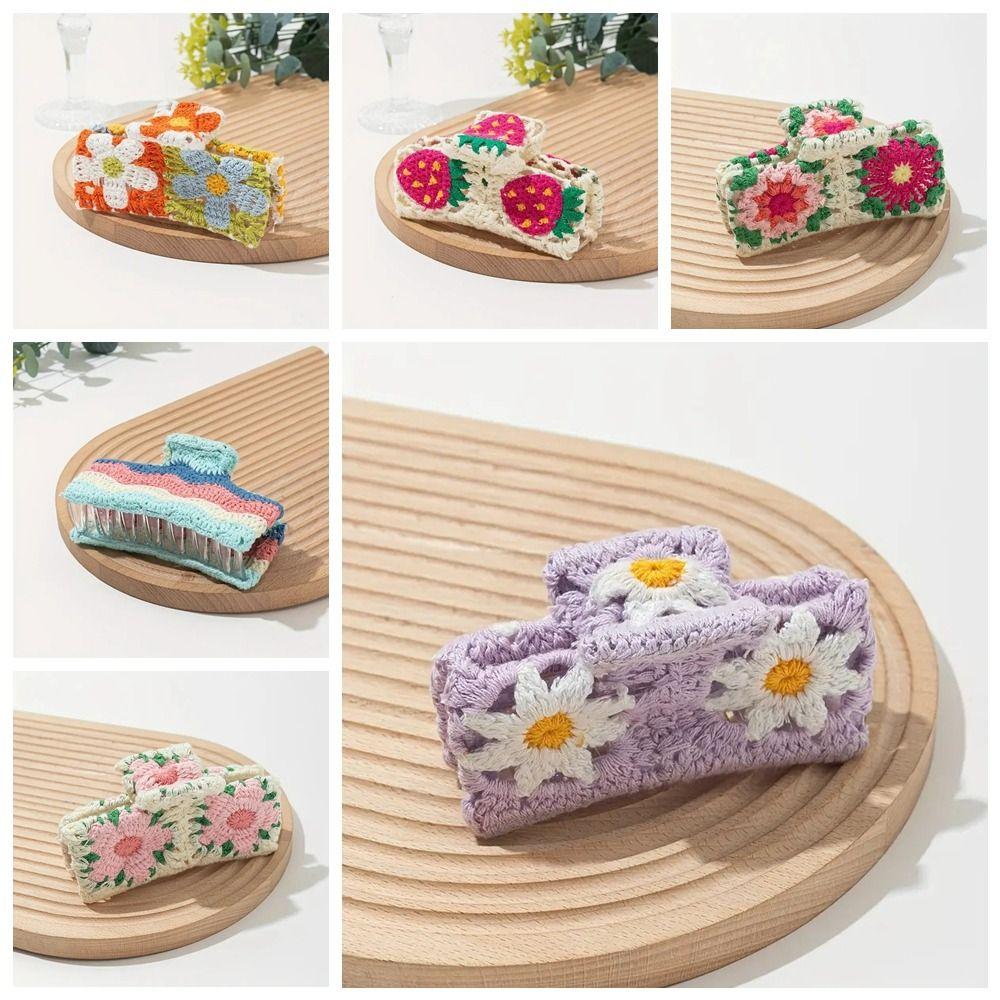 Flower Embroidered Crochet Shark Clip Strawberry Bohemian Style Hair Claw Beach