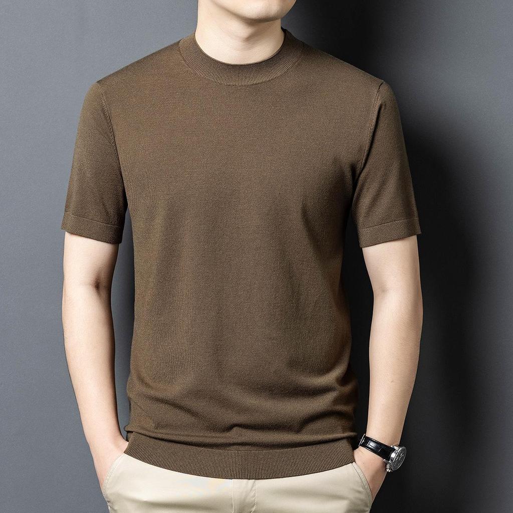 Men's Slim Fit Short-Sleeve Knitwear Versatile Half-High Neck Base Layer for Business Casual